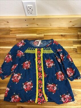 435 Floral Embroidered Blue Mixed-Print Top